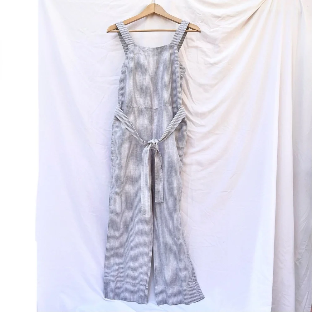 EVERLANE | LINEN STRIPED BELTED SQUARE NECKLINE JUMPSUIT SIZE 0 GRAY WHITE
